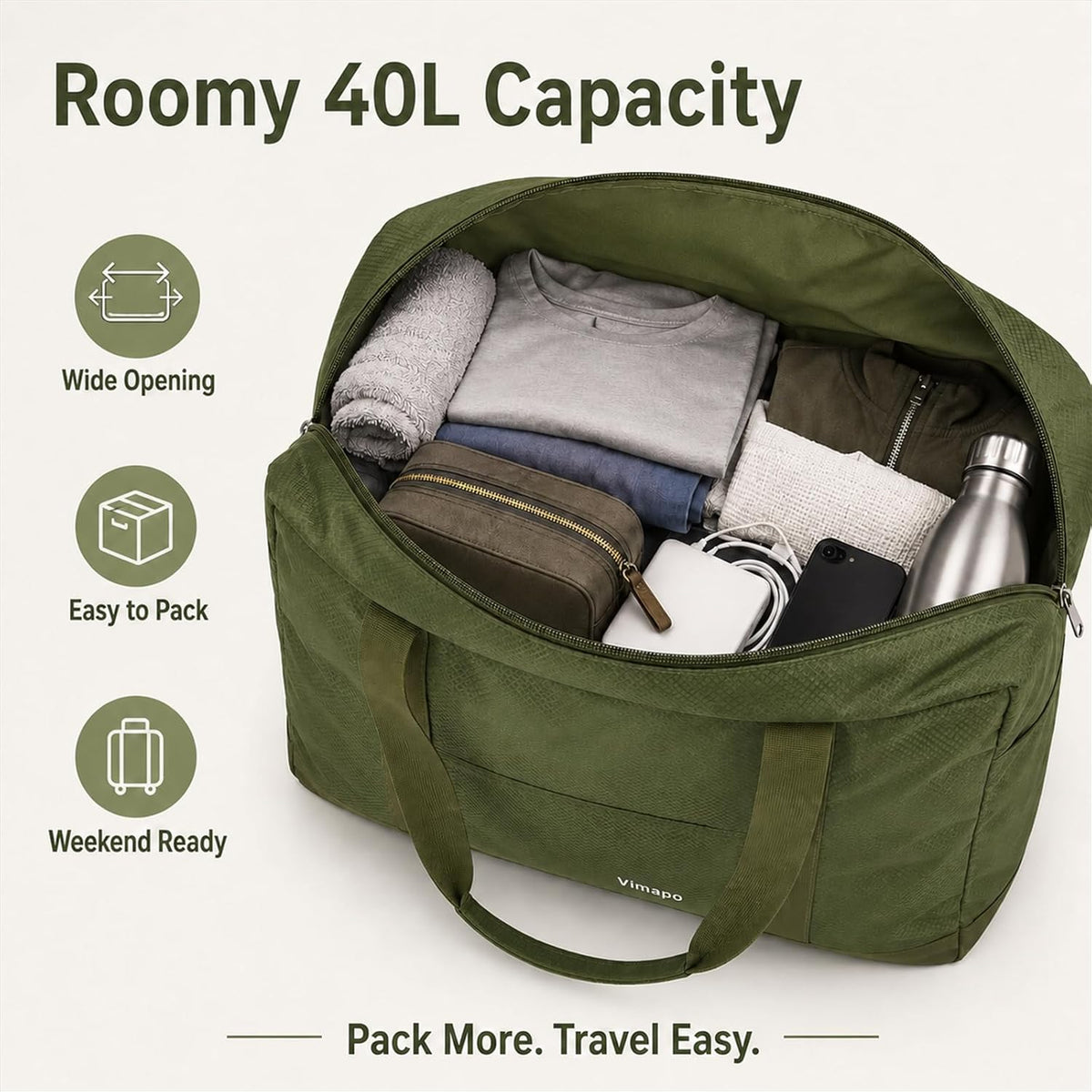 Foldable Travel Duffle Bag with Trolley Sleeve 40L Capacity, Lightweight Packable Travel Duffel Bags with the Keyhole Zipper, Weekender Overnight Nylon Carry on Bag for Men & Women, Black