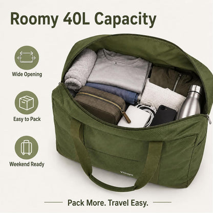 Foldable Travel Duffle Bag with Trolley Sleeve 40L Capacity, Lightweight Packable Travel Duffel Bags with the Keyhole Zipper, Weekender Overnight Nylon Carry on Bag for Men & Women, Black