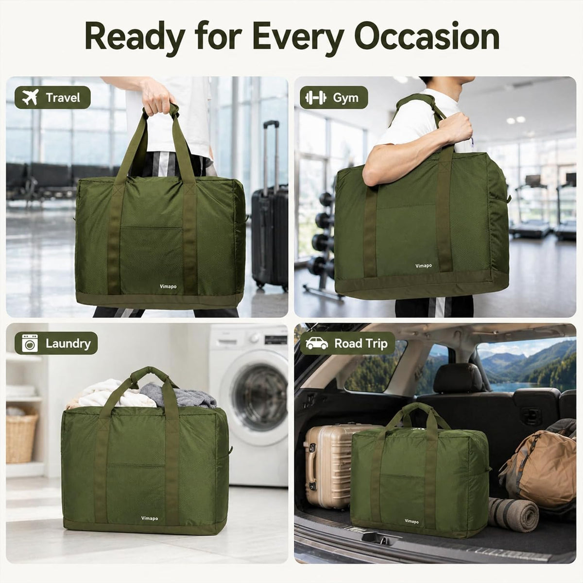 Foldable Travel Duffle Bag with Trolley Sleeve 40L Capacity, Lightweight Packable Travel Duffel Bags with the Keyhole Zipper, Weekender Overnight Nylon Carry on Bag for Men & Women, Black