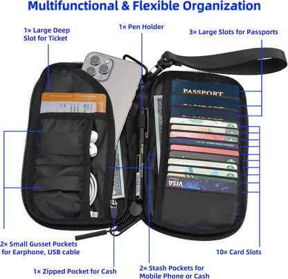 Travel Wallet Lightweight Zipped Document Organizer Bag Family Passport Holder with Detachable Wrist Strap for Women and Men