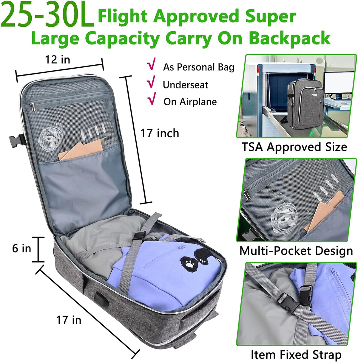 Travel Carry On 17.5" Laptop Expandable Backpack for Men Women, Personal Item Bag Waterproof Airline Approved with USB Charging Hole 3 Packing Cubes, Large Weekender Daypack Business Luggage Suitcase