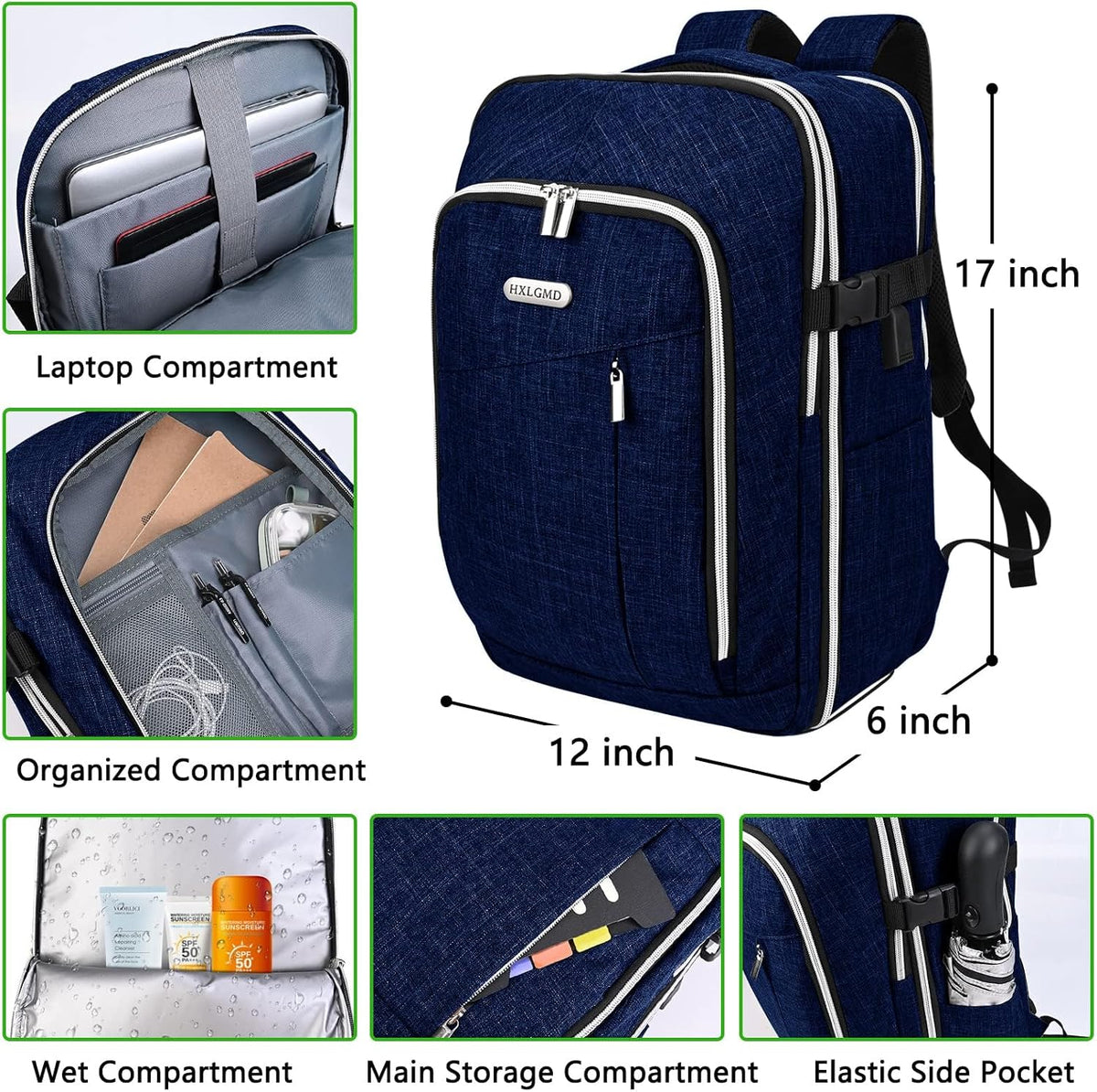 Travel Carry On 17.5" Laptop Expandable Backpack for Men Women, Personal Item Bag Waterproof Airline Approved with USB Charging Hole 3 Packing Cubes, Large Weekender Daypack Business Luggage Suitcase