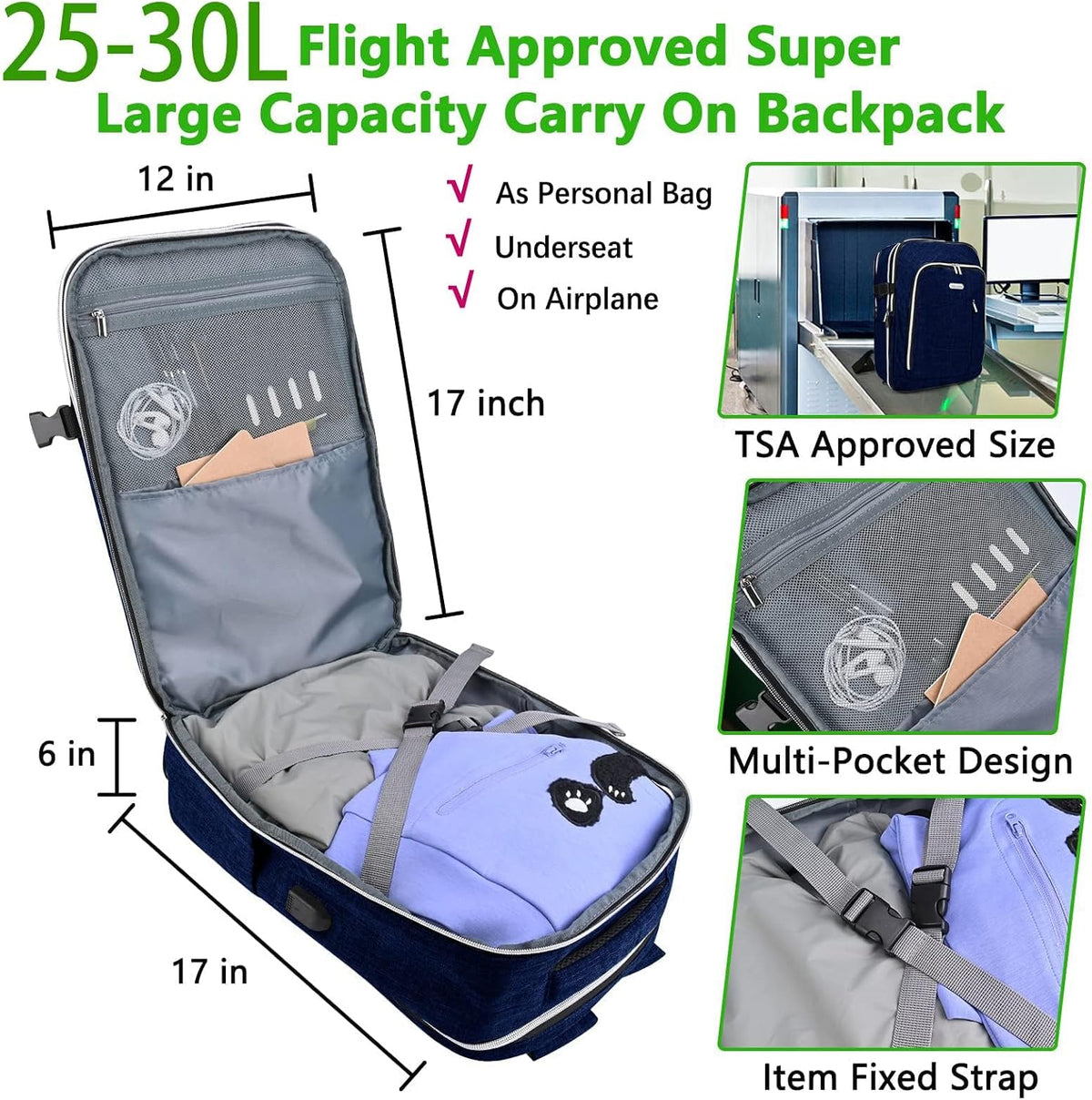 Travel Carry On 17.5" Laptop Expandable Backpack for Men Women, Personal Item Bag Waterproof Airline Approved with USB Charging Hole 3 Packing Cubes, Large Weekender Daypack Business Luggage Suitcase