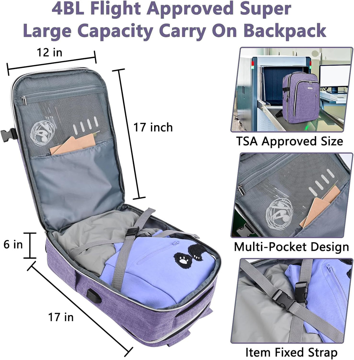 Travel Carry On 17.5" Laptop Expandable Backpack for Men Women, Personal Item Bag Waterproof Airline Approved with USB Charging Hole 3 Packing Cubes, Large Weekender Daypack Business Luggage Suitcase
