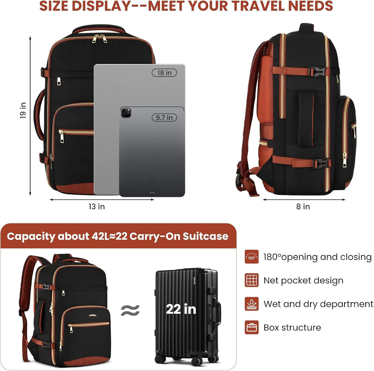 YAMTION Travel Laptops Backpack for Women,Large Carry On Luggage for Airplanes Weekender Bags for Personal Items,Airline Approved TSA Overnight Bags with 4 Packing Cubes