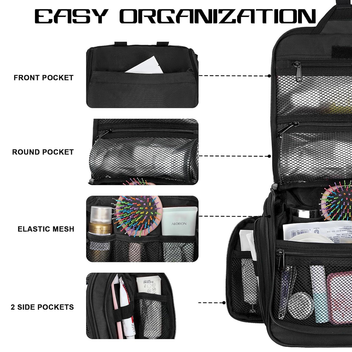 Goloni Hanging Toiletry Bag, 10 Compartments Water-Resistant Makeup Bag with 360° Spinning Metal Hook, Large Travel Cosmetic Organizer for Men & Women, Pink (7.05oz)