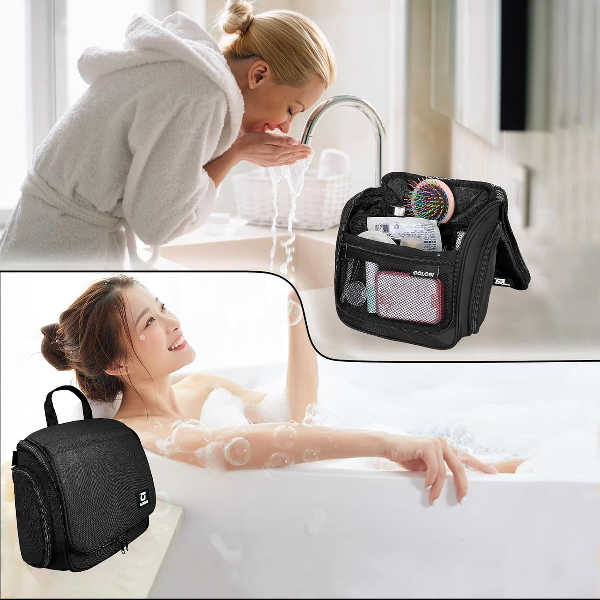 Goloni Hanging Toiletry Bag, 10 Compartments Water-Resistant Makeup Bag with 360° Spinning Metal Hook, Large Travel Cosmetic Organizer for Men & Women, Pink (7.05oz)