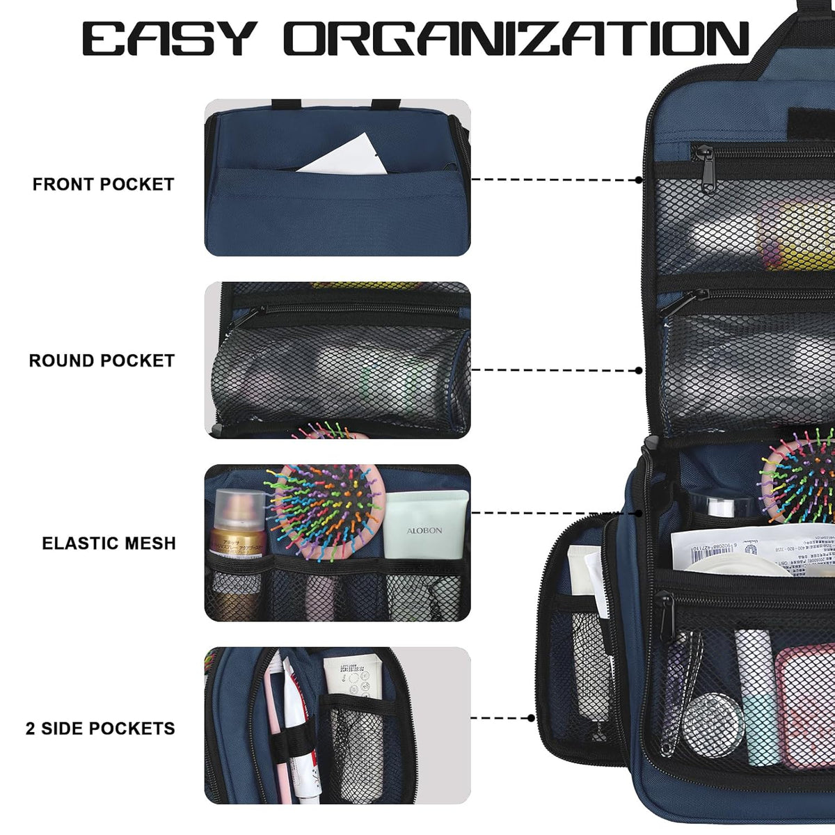 Goloni Hanging Toiletry Bag, 10 Compartments Water-Resistant Makeup Bag with 360° Spinning Metal Hook, Large Travel Cosmetic Organizer for Men & Women, Pink (7.05oz)