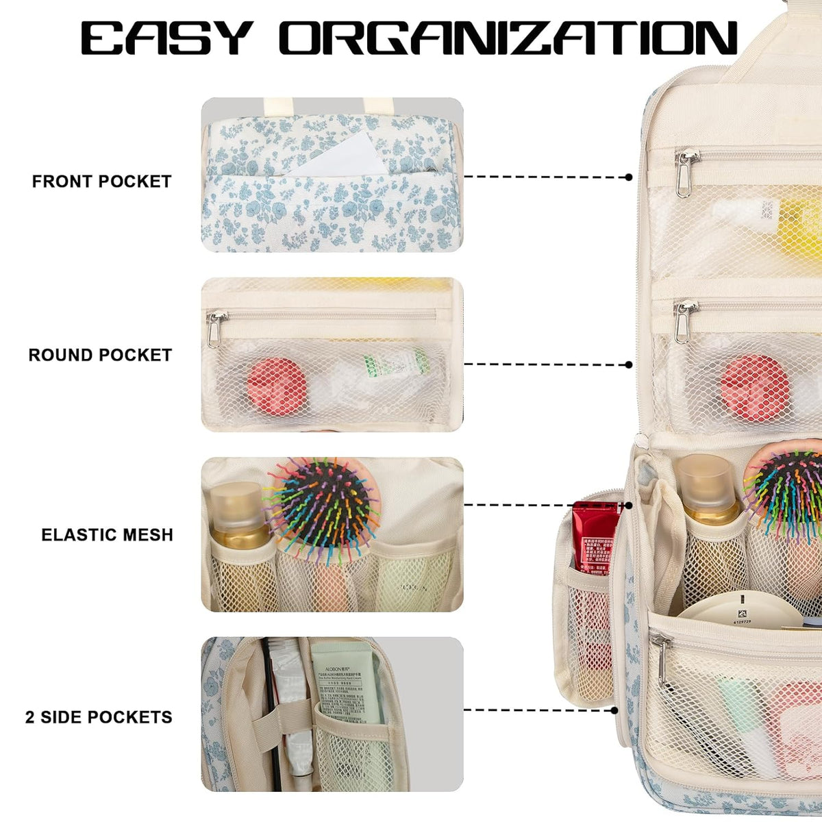 Goloni Hanging Toiletry Bag, 10 Compartments Water-Resistant Makeup Bag with 360° Spinning Metal Hook, Large Travel Cosmetic Organizer for Men & Women, Pink (7.05oz)