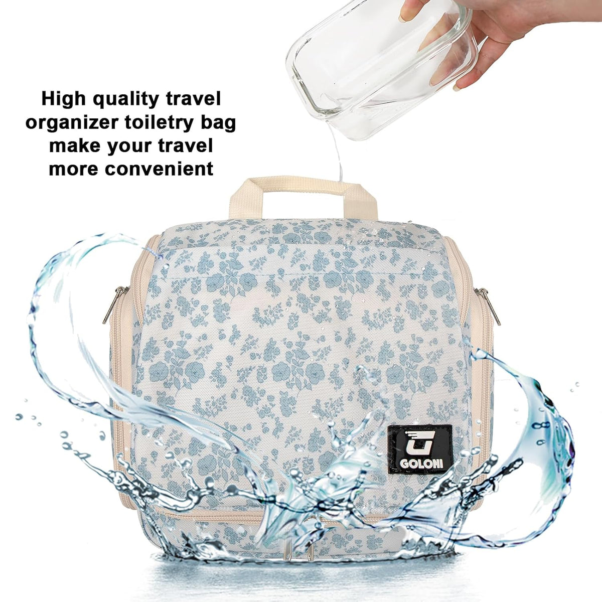 Goloni Hanging Toiletry Bag, 10 Compartments Water-Resistant Makeup Bag with 360° Spinning Metal Hook, Large Travel Cosmetic Organizer for Men & Women, Pink (7.05oz)