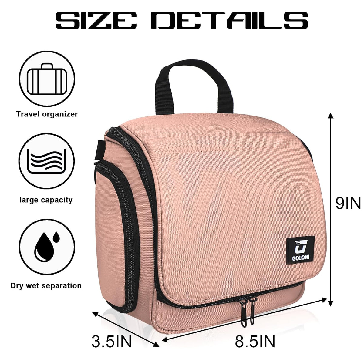 Goloni Hanging Toiletry Bag, 10 Compartments Water-Resistant Makeup Bag with 360° Spinning Metal Hook, Large Travel Cosmetic Organizer for Men & Women, Pink (7.05oz)