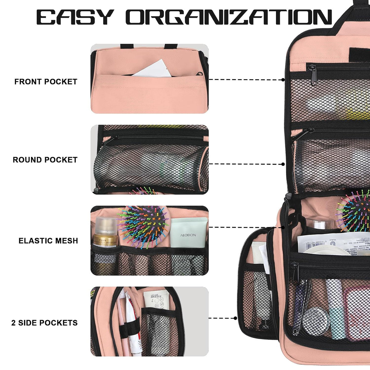 Goloni Hanging Toiletry Bag, 10 Compartments Water-Resistant Makeup Bag with 360° Spinning Metal Hook, Large Travel Cosmetic Organizer for Men & Women, Pink (7.05oz)