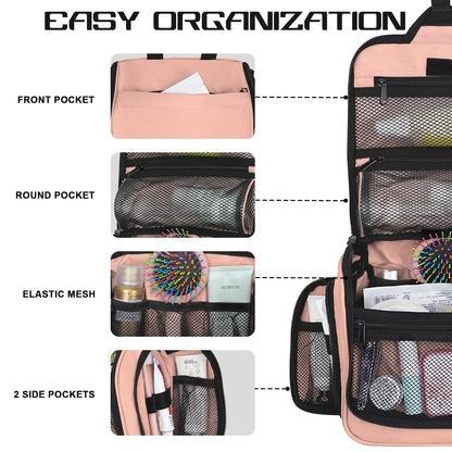 Goloni Hanging Toiletry Bag, 10 Compartments Water-Resistant Makeup Bag with 360° Spinning Metal Hook, Large Travel Cosmetic Organizer for Men & Women, Pink (7.05oz)