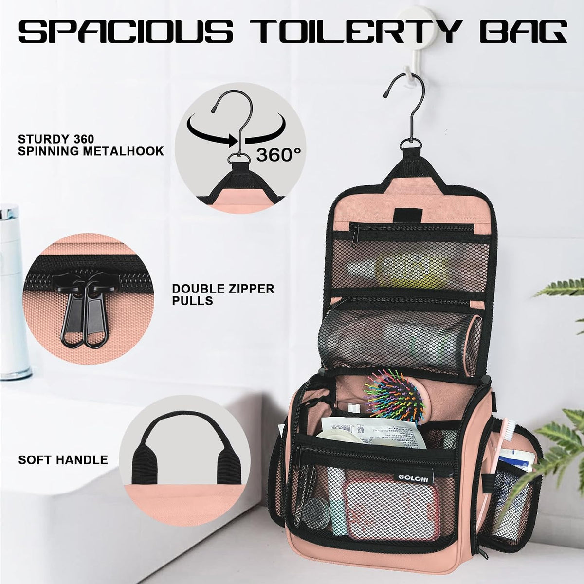 Goloni Hanging Toiletry Bag, 10 Compartments Water-Resistant Makeup Bag with 360° Spinning Metal Hook, Large Travel Cosmetic Organizer for Men & Women, Pink (7.05oz)