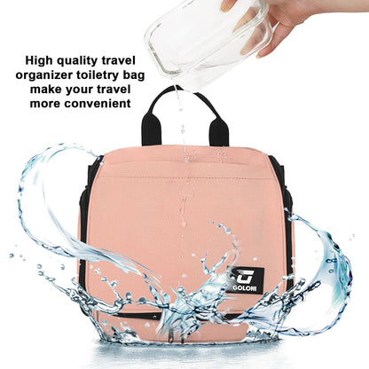 Goloni Hanging Toiletry Bag, 10 Compartments Water-Resistant Makeup Bag with 360° Spinning Metal Hook, Large Travel Cosmetic Organizer for Men & Women, Pink (7.05oz)