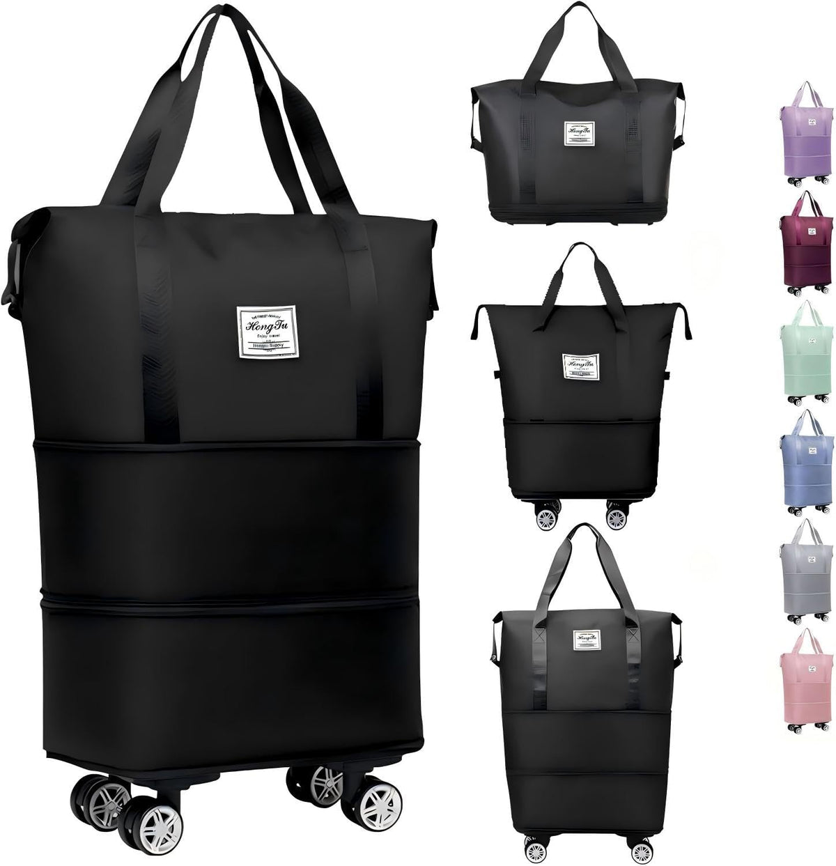 Expandable Foldable Duffle Bag with Wheels, Detachable Rolling Wheels & Telescopic Handle, Lightweight Carry On Travel Bag for Men Women, Ideal for Business Trip Gym Weekend Getaway