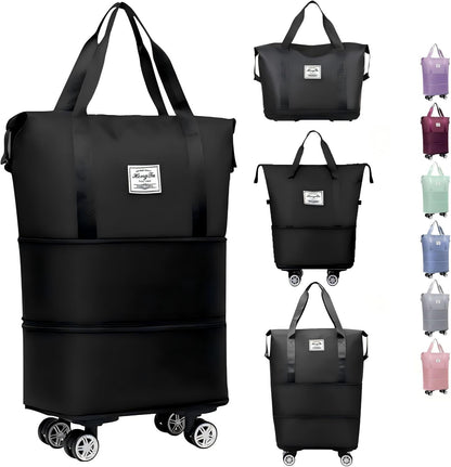 Expandable Foldable Duffle Bag with Wheels, Detachable Rolling Wheels & Telescopic Handle, Lightweight Carry On Travel Bag for Men Women, Ideal for Business Trip Gym Weekend Getaway