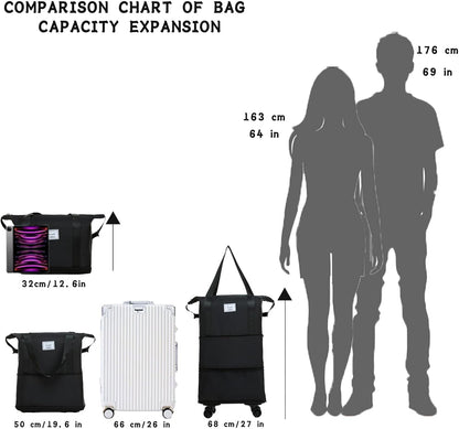 Expandable Foldable Duffle Bag with Wheels, Detachable Rolling Wheels & Telescopic Handle, Lightweight Carry On Travel Bag for Men Women, Ideal for Business Trip Gym Weekend Getaway