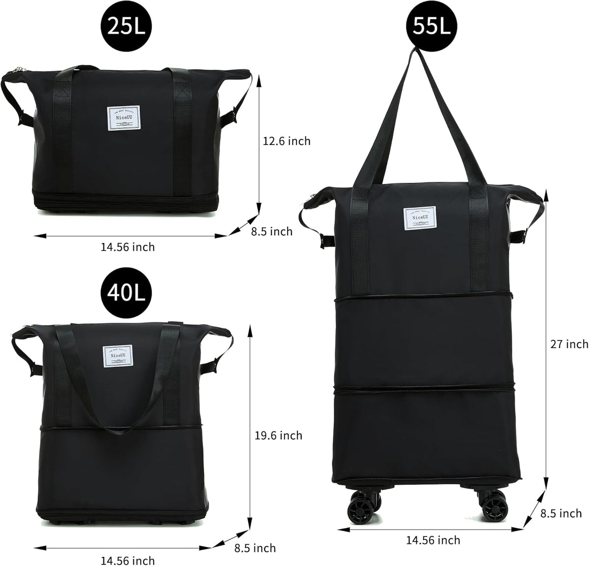 Expandable Foldable Duffle Bag with Wheels, Detachable Rolling Wheels & Telescopic Handle, Lightweight Carry On Travel Bag for Men Women, Ideal for Business Trip Gym Weekend Getaway