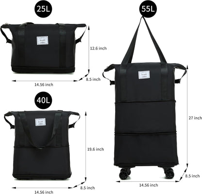 Expandable Foldable Duffle Bag with Wheels, Detachable Rolling Wheels & Telescopic Handle, Lightweight Carry On Travel Bag for Men Women, Ideal for Business Trip Gym Weekend Getaway