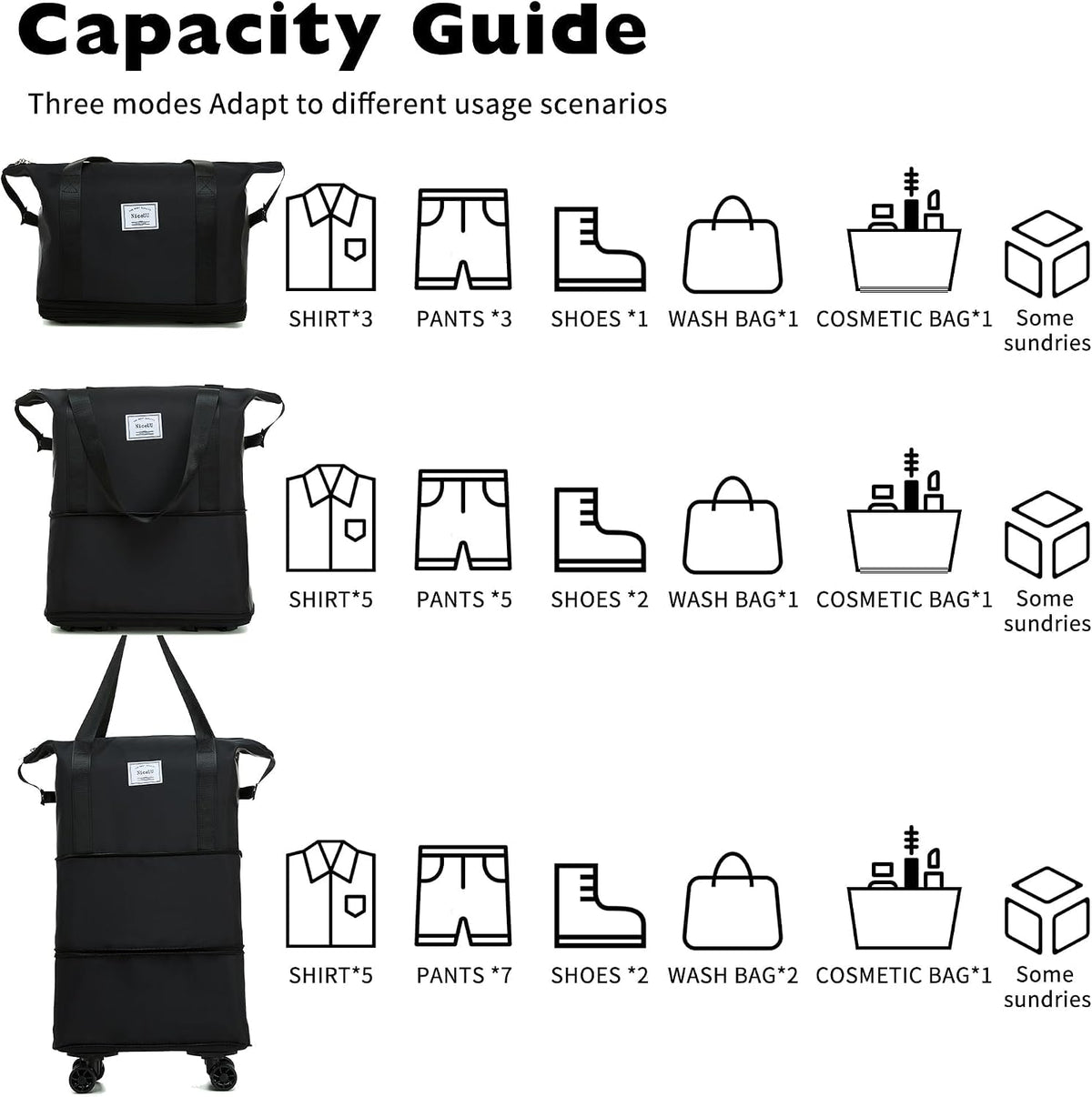 Expandable Foldable Duffle Bag with Wheels, Detachable Rolling Wheels & Telescopic Handle, Lightweight Carry On Travel Bag for Men Women, Ideal for Business Trip Gym Weekend Getaway