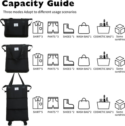 Expandable Foldable Duffle Bag with Wheels, Detachable Rolling Wheels & Telescopic Handle, Lightweight Carry On Travel Bag for Men Women, Ideal for Business Trip Gym Weekend Getaway