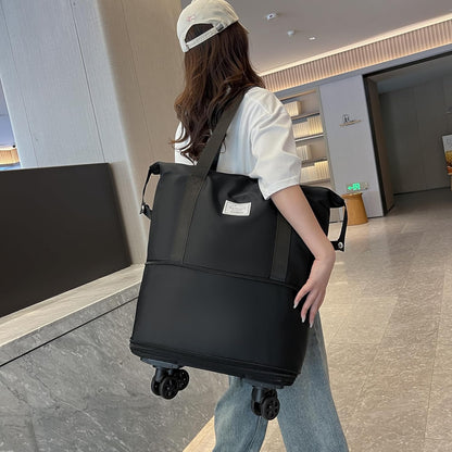 Expandable Foldable Duffle Bag with Wheels, Detachable Rolling Wheels & Telescopic Handle, Lightweight Carry On Travel Bag for Men Women, Ideal for Business Trip Gym Weekend Getaway