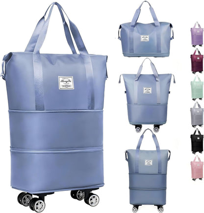 Expandable Foldable Duffle Bag with Wheels, Detachable Rolling Wheels & Telescopic Handle, Lightweight Carry On Travel Bag for Men Women, Ideal for Business Trip Gym Weekend Getaway