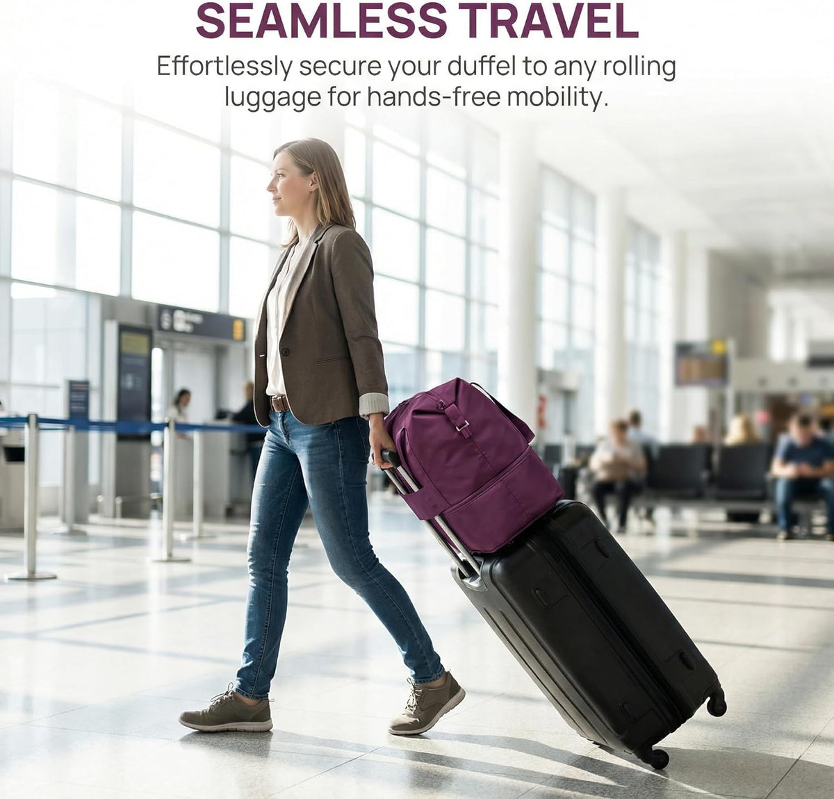 Expandable Foldable Duffle Bag with Wheels, Detachable Rolling Wheels & Telescopic Handle, Lightweight Carry On Travel Bag for Men Women, Ideal for Business Trip Gym Weekend Getaway