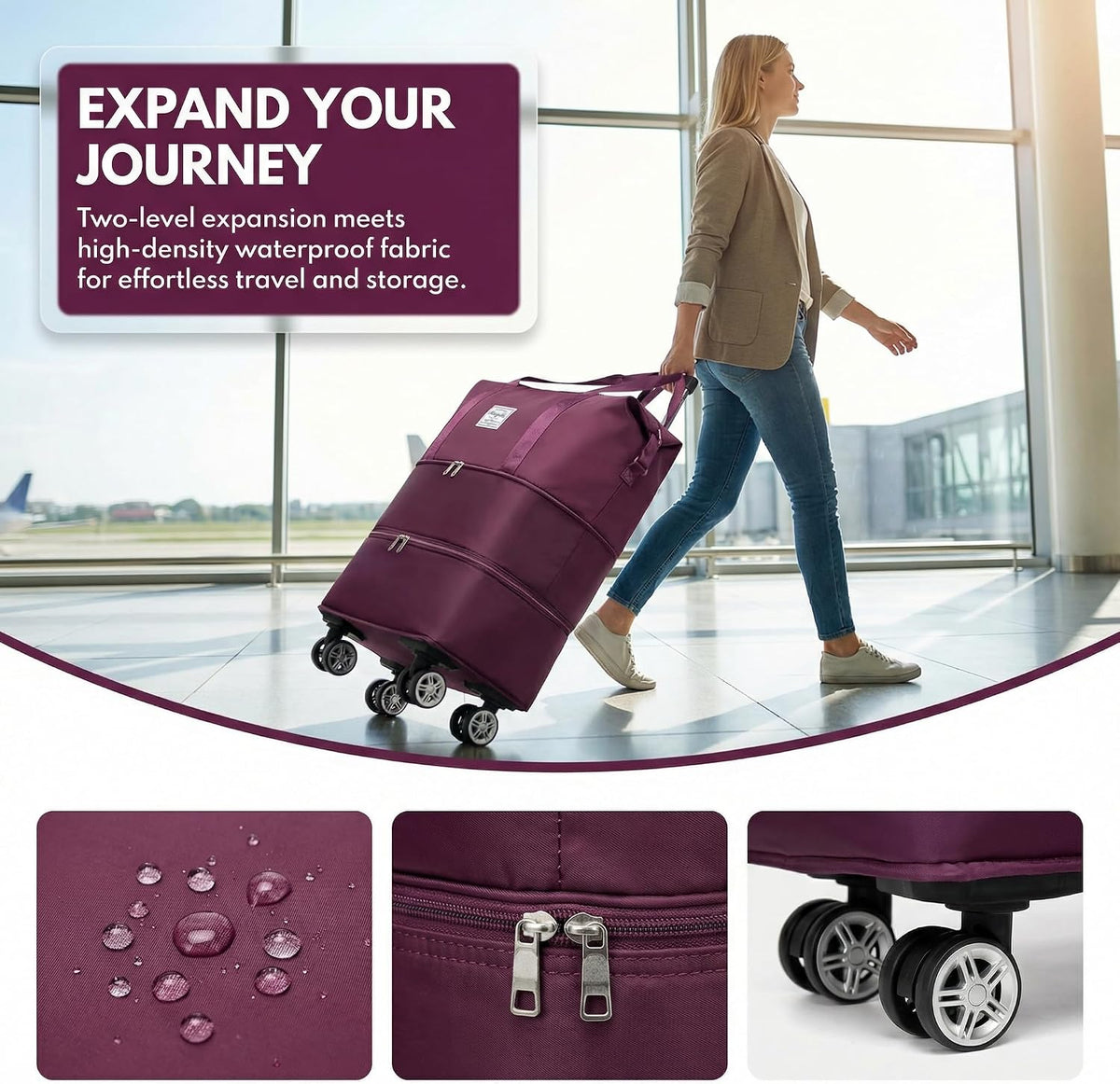 Expandable Foldable Duffle Bag with Wheels, Detachable Rolling Wheels & Telescopic Handle, Lightweight Carry On Travel Bag for Men Women, Ideal for Business Trip Gym Weekend Getaway