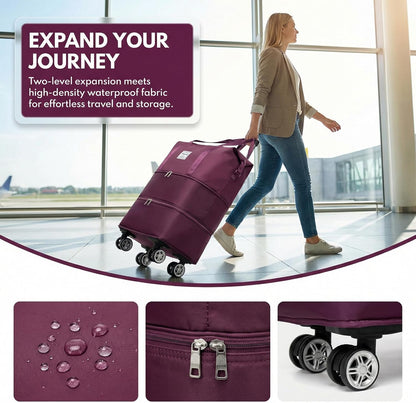 Expandable Foldable Duffle Bag with Wheels, Detachable Rolling Wheels & Telescopic Handle, Lightweight Carry On Travel Bag for Men Women, Ideal for Business Trip Gym Weekend Getaway