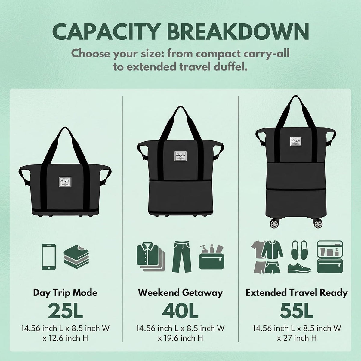 Expandable Foldable Duffle Bag with Wheels, Detachable Rolling Wheels & Telescopic Handle, Lightweight Carry On Travel Bag for Men Women, Ideal for Business Trip Gym Weekend Getaway
