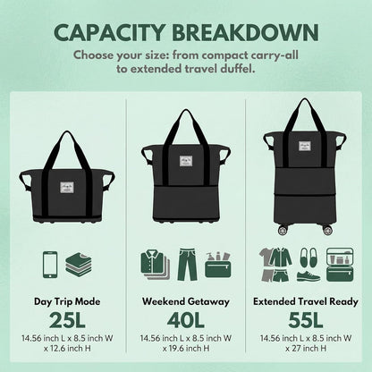 Expandable Foldable Duffle Bag with Wheels, Detachable Rolling Wheels & Telescopic Handle, Lightweight Carry On Travel Bag for Men Women, Ideal for Business Trip Gym Weekend Getaway
