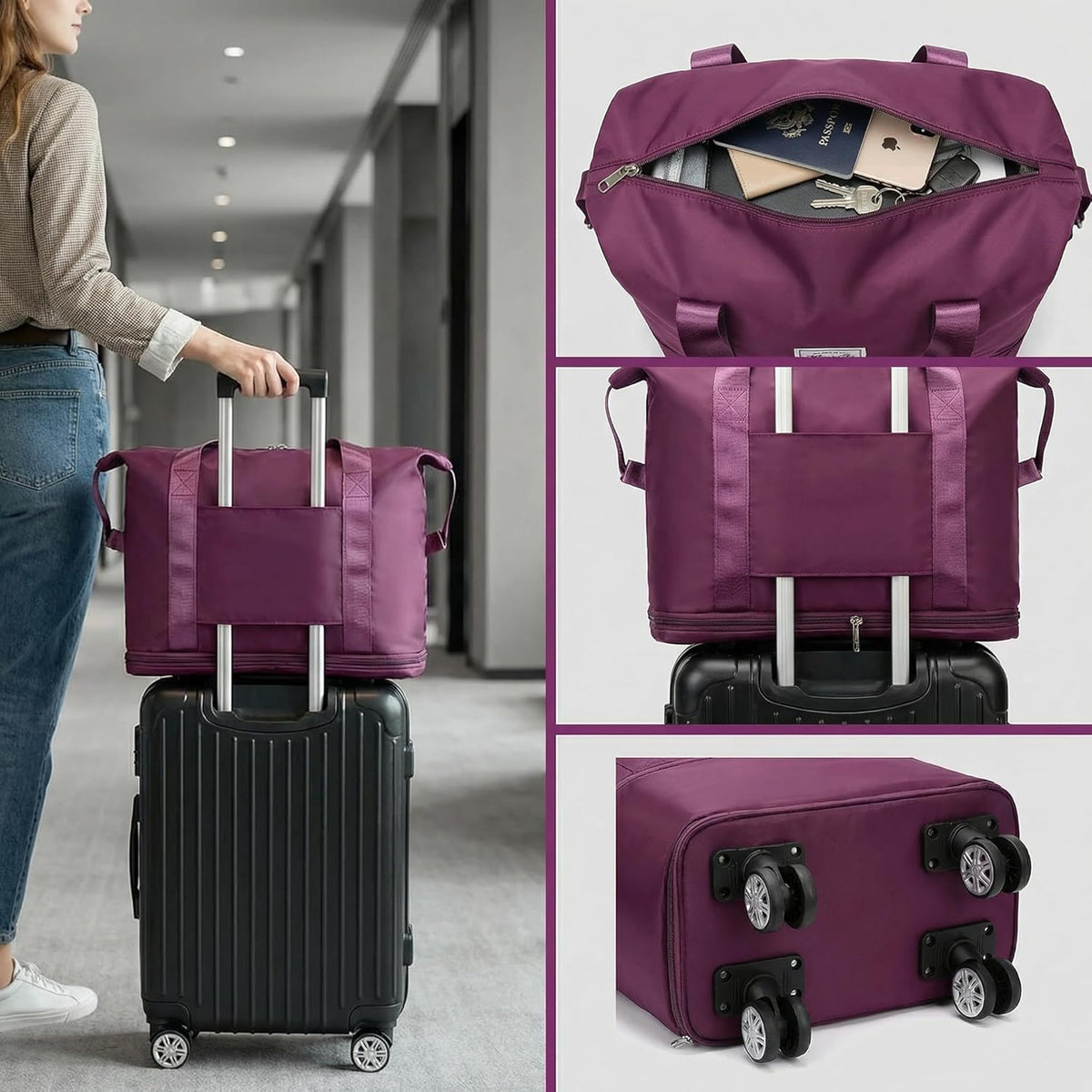 Expandable Foldable Duffle Bag with Wheels, Detachable Rolling Wheels & Telescopic Handle, Lightweight Carry On Travel Bag for Men Women, Ideal for Business Trip Gym Weekend Getaway