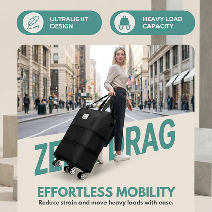 Expandable Foldable Duffle Bag with Wheels, Detachable Rolling Wheels & Telescopic Handle, Lightweight Carry On Travel Bag for Men Women, Ideal for Business Trip Gym Weekend Getaway