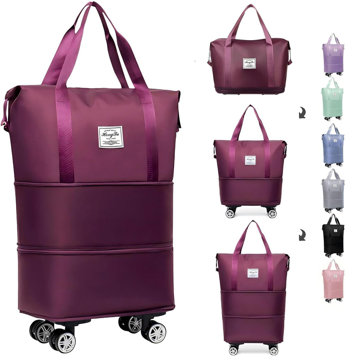 Expandable Foldable Duffle Bag with Wheels, Detachable Rolling Wheels & Telescopic Handle, Lightweight Carry On Travel Bag for Men Women, Ideal for Business Trip Gym Weekend Getaway