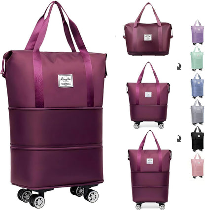 Expandable Foldable Duffle Bag with Wheels, Detachable Rolling Wheels & Telescopic Handle, Lightweight Carry On Travel Bag for Men Women, Ideal for Business Trip Gym Weekend Getaway