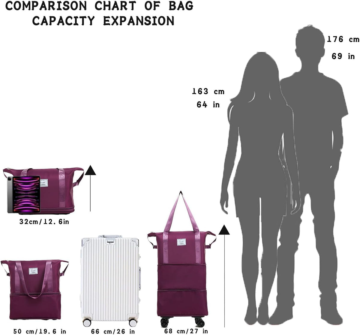 Expandable Foldable Duffle Bag with Wheels, Detachable Rolling Wheels & Telescopic Handle, Lightweight Carry On Travel Bag for Men Women, Ideal for Business Trip Gym Weekend Getaway