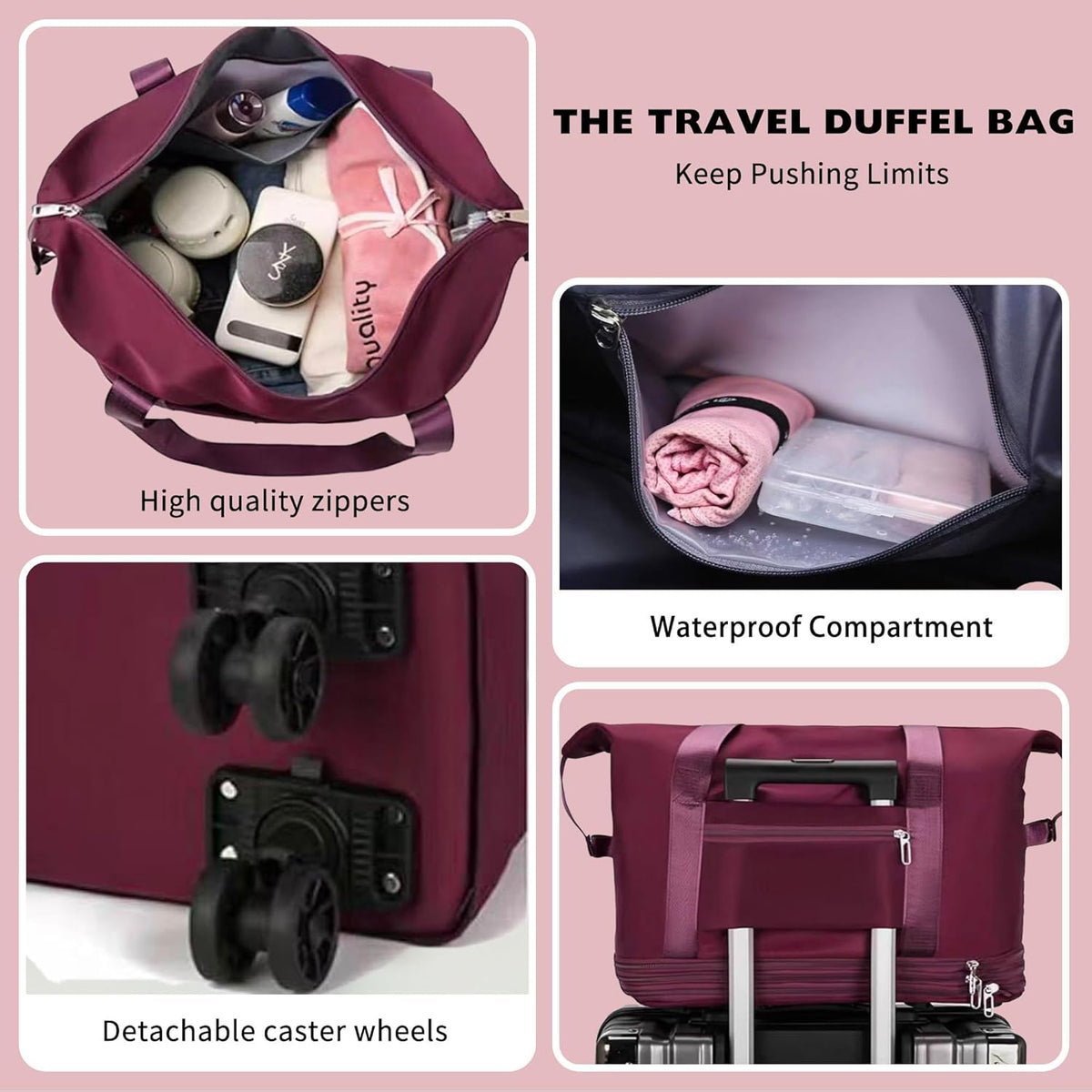 Expandable Foldable Duffle Bag with Wheels, Detachable Rolling Wheels & Telescopic Handle, Lightweight Carry On Travel Bag for Men Women, Ideal for Business Trip Gym Weekend Getaway