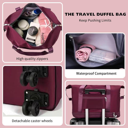 Expandable Foldable Duffle Bag with Wheels, Detachable Rolling Wheels & Telescopic Handle, Lightweight Carry On Travel Bag for Men Women, Ideal for Business Trip Gym Weekend Getaway