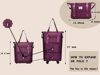 Expandable Foldable Duffle Bag with Wheels, Detachable Rolling Wheels & Telescopic Handle, Lightweight Carry On Travel Bag for Men Women, Ideal for Business Trip Gym Weekend Getaway