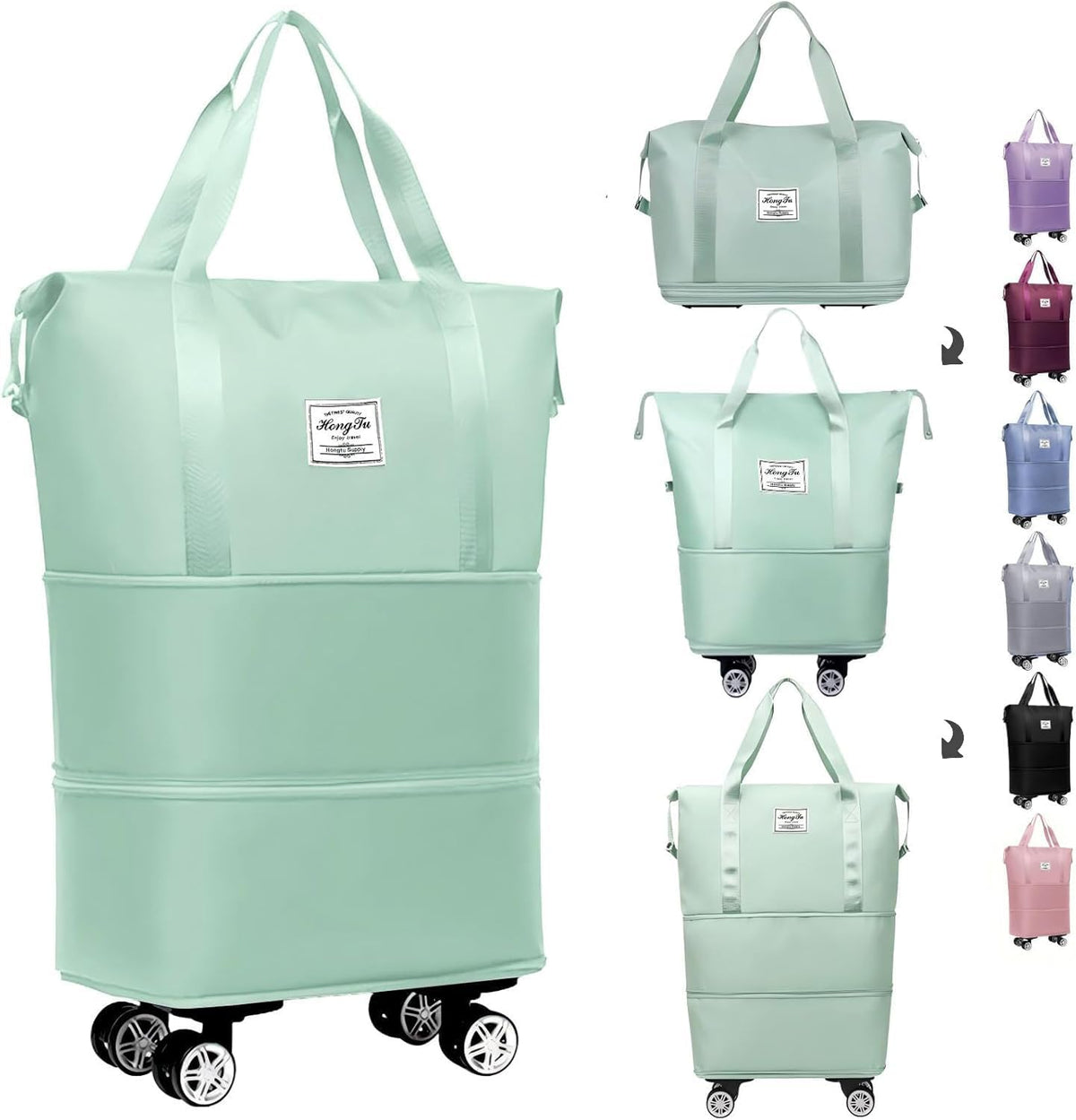 Expandable Foldable Duffle Bag with Wheels, Detachable Rolling Wheels & Telescopic Handle, Lightweight Carry On Travel Bag for Men Women, Ideal for Business Trip Gym Weekend Getaway