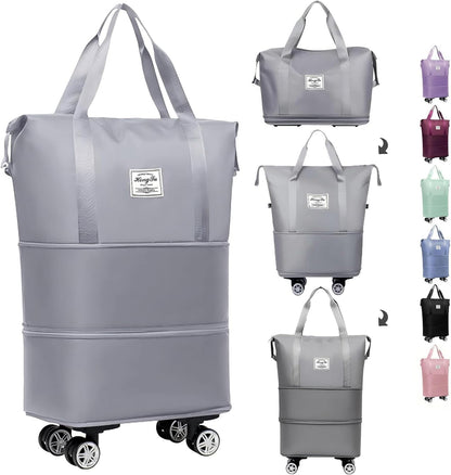 Expandable Foldable Duffle Bag with Wheels, Detachable Rolling Wheels & Telescopic Handle, Lightweight Carry On Travel Bag for Men Women, Ideal for Business Trip Gym Weekend Getaway