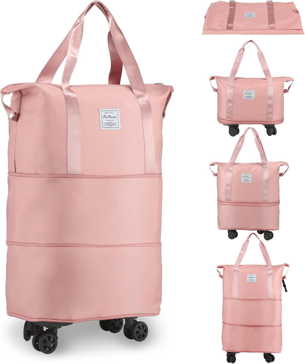 Expandable Foldable Duffle Bag with Wheels, Detachable Rolling Wheels & Telescopic Handle, Lightweight Carry On Travel Bag for Men Women, Ideal for Business Trip Gym Weekend Getaway