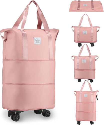 Expandable Foldable Duffle Bag with Wheels, Detachable Rolling Wheels & Telescopic Handle, Lightweight Carry On Travel Bag for Men Women, Ideal for Business Trip Gym Weekend Getaway
