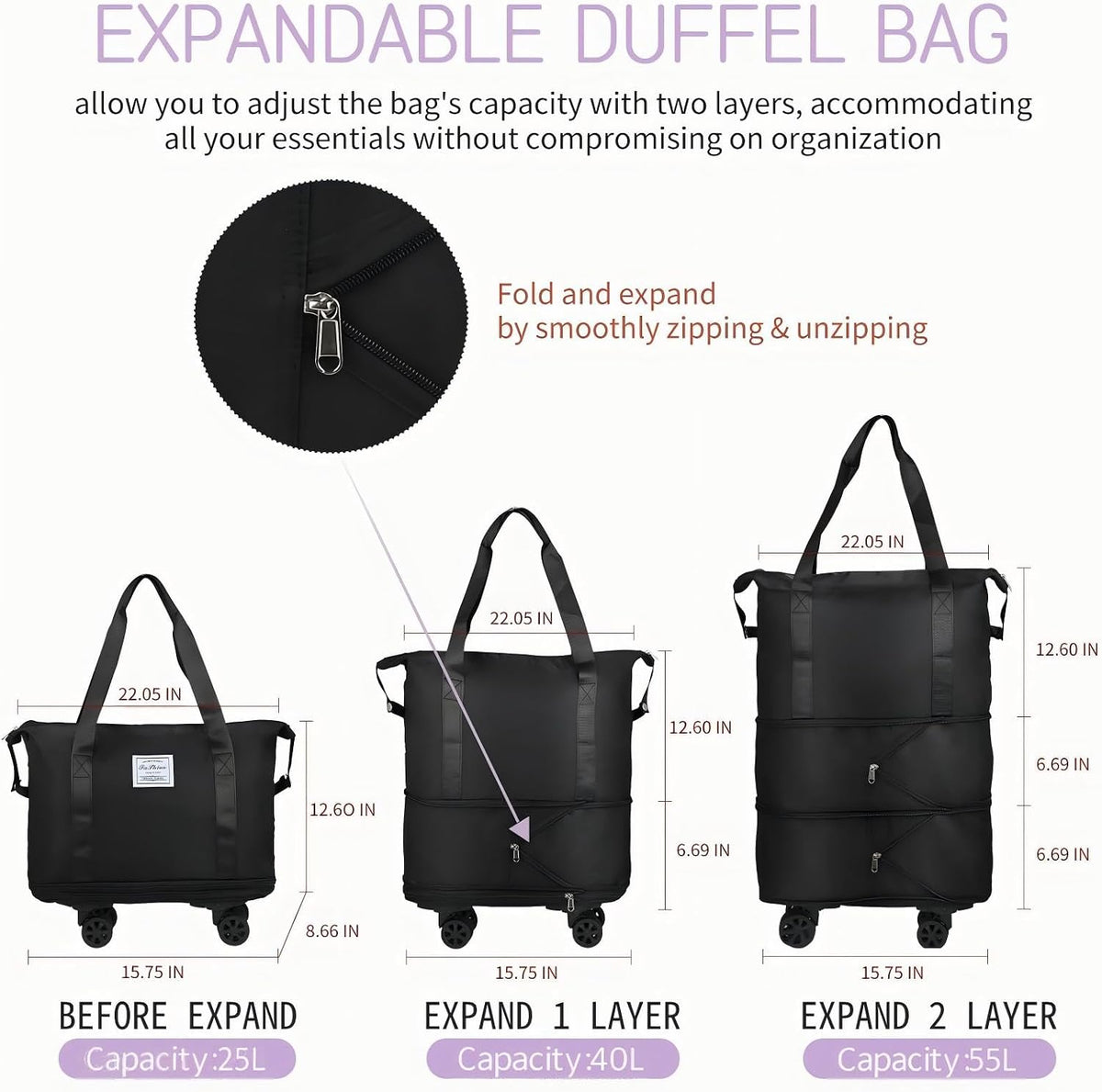 Expandable Foldable Duffle Bag with Wheels, Detachable Rolling Wheels & Telescopic Handle, Lightweight Carry On Travel Bag for Men Women, Ideal for Business Trip Gym Weekend Getaway