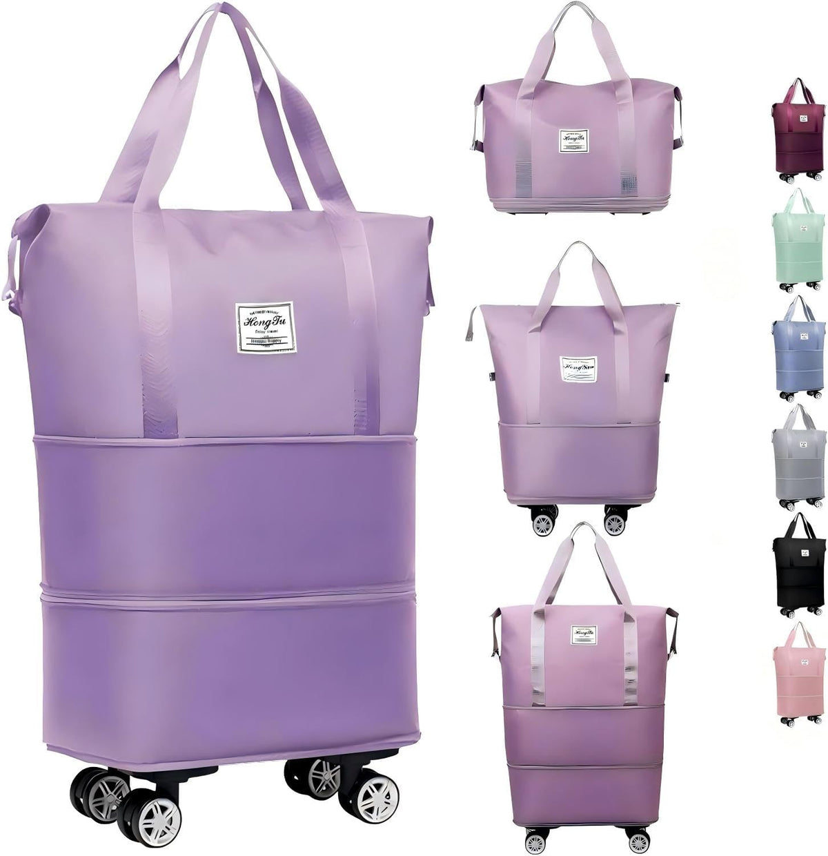 Expandable Foldable Duffle Bag with Wheels, Detachable Rolling Wheels & Telescopic Handle, Lightweight Carry On Travel Bag for Men Women, Ideal for Business Trip Gym Weekend Getaway