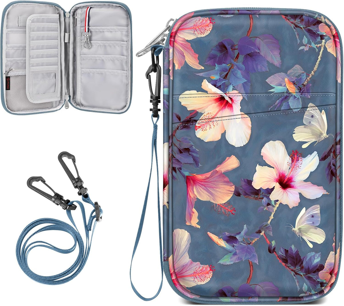 Family Passport Holder for Travel, 6 People Big Capacity Clutch Bag | RFID Blocking, Travel Document Organizer, Pen Holder Keychain Credit Cards Case Cover, Blooming Hibiscus