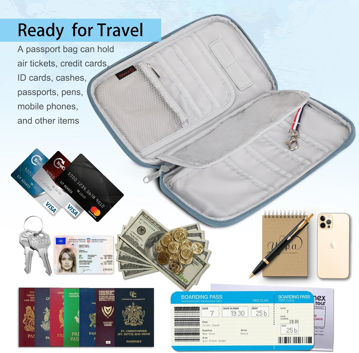 Family Passport Holder for Travel, 6 People Big Capacity Clutch Bag | RFID Blocking, Travel Document Organizer, Pen Holder Keychain Credit Cards Case Cover, Blooming Hibiscus