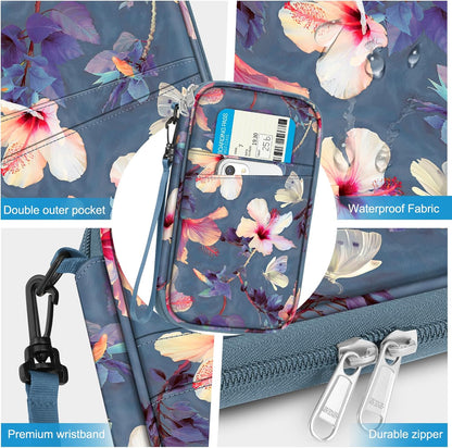 Family Passport Holder for Travel, 6 People Big Capacity Clutch Bag | RFID Blocking, Travel Document Organizer, Pen Holder Keychain Credit Cards Case Cover, Blooming Hibiscus